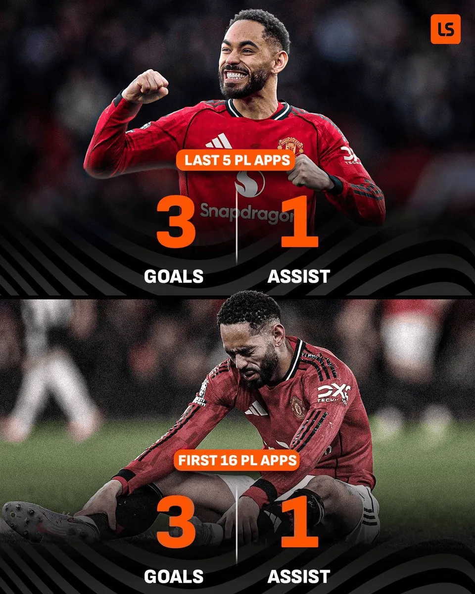 库尼亚近5场英超贡献3球1助,与在曼联的前16场联赛数据相同